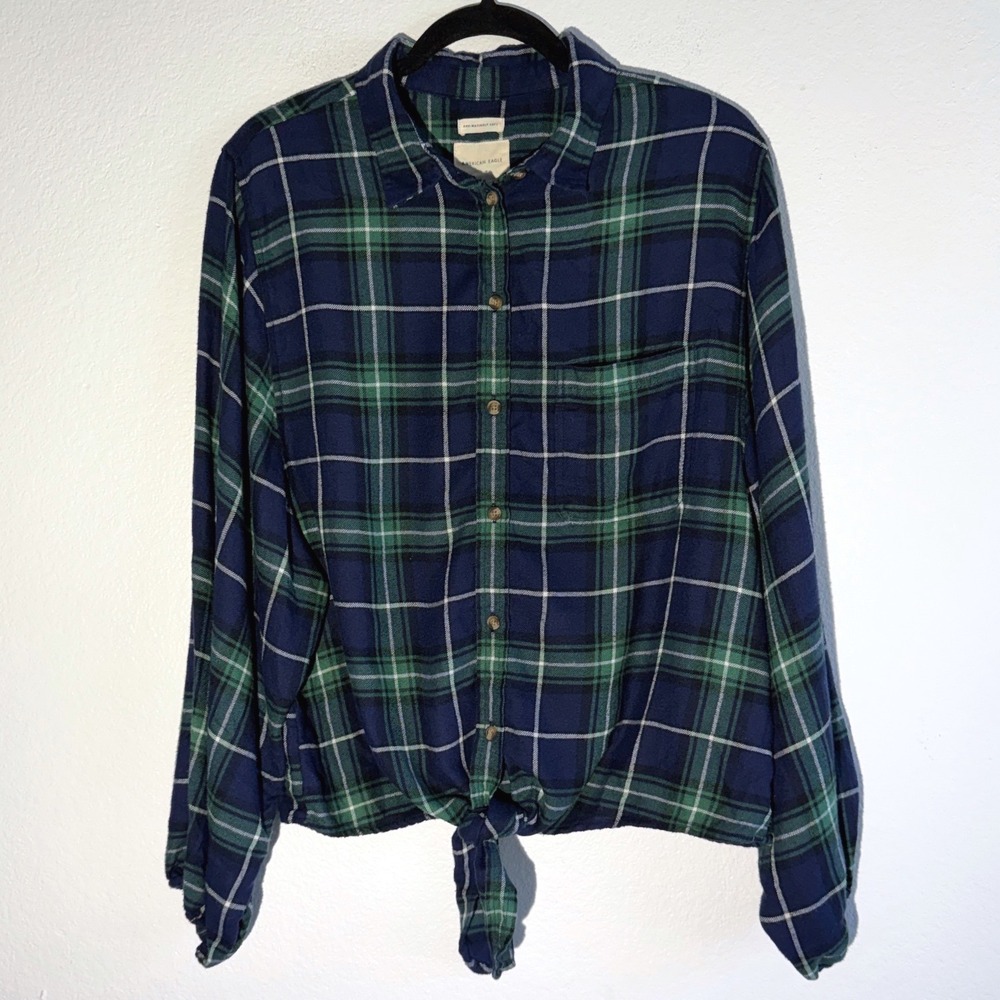 American Eagle Plaid Flannel Shirt Womens Large Blue Green Tie Front Soft Button